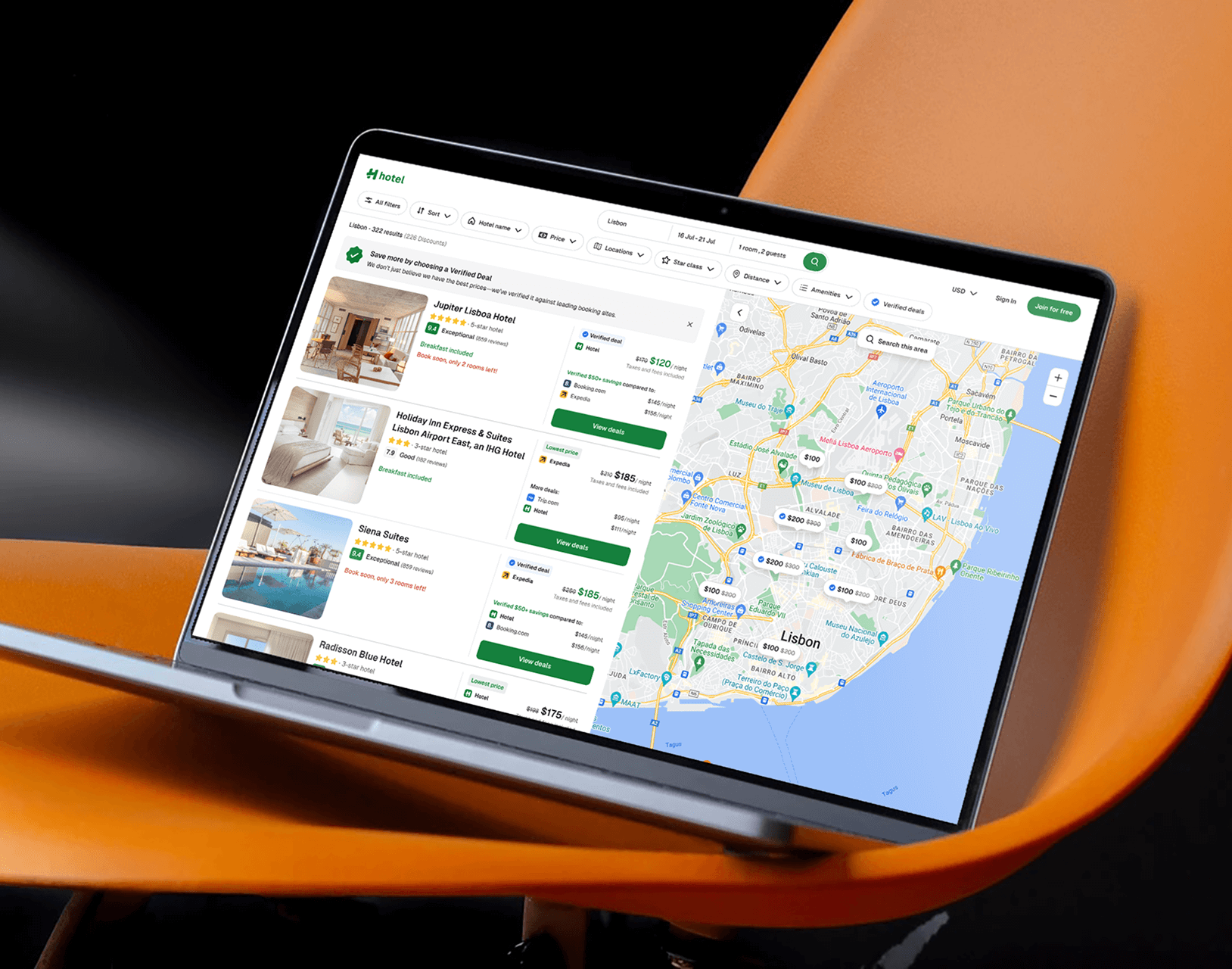Travel booking website interface on laptop